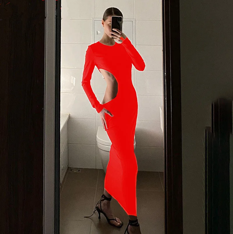 

2026 Women's Solid Color Long Sleeve O-Neck Sexy Hollow Out Long Dresses Club Party Dress Vestidos Plus Size 5XL 6XL 7XL 8XL 9XL