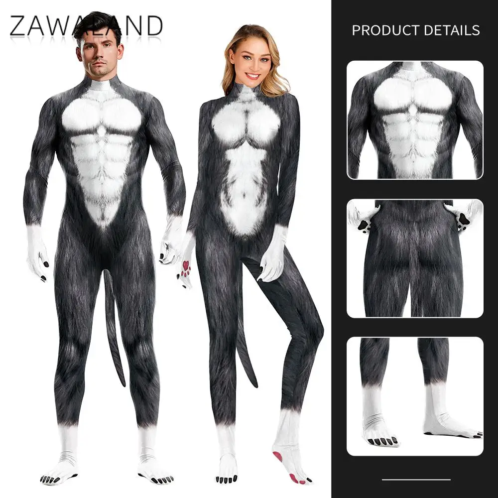 Zawaland Animal Catsuit coppia Snow Wolf Costume con coda cavallo cerniera Halloween Party Cosplay Outfit travestimento Zentai body