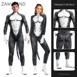 Zawaland Animal Catsuit Couple Snow Wolf Costume with Tail Crotch Zipper Halloween Party Cosplay Outfit Disguise Zentai Bodysuit