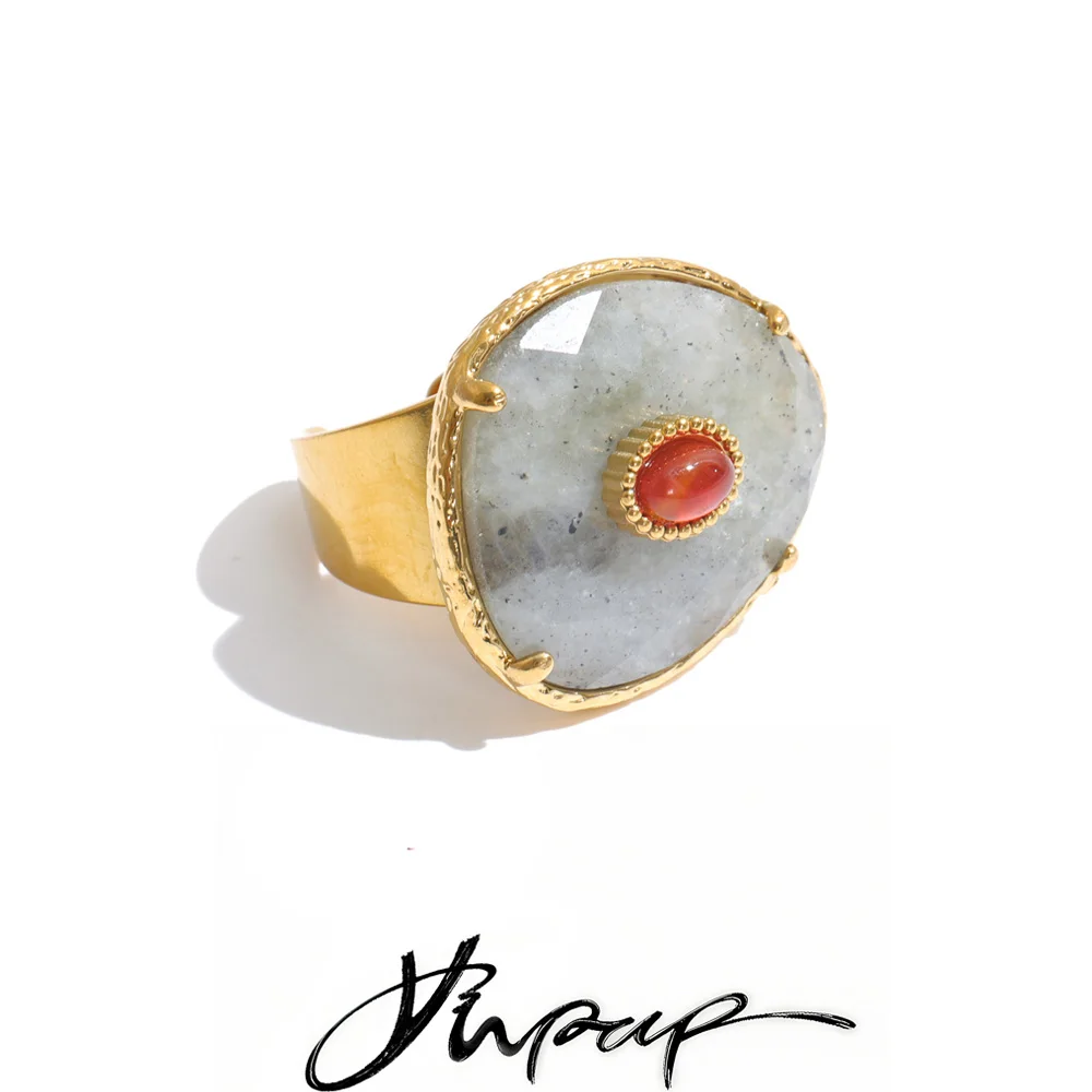 Yhpup Natural Spectrolite Agate Stone Open Ring High Quality Stainless Steel Stylish Chic Finger Jewelry