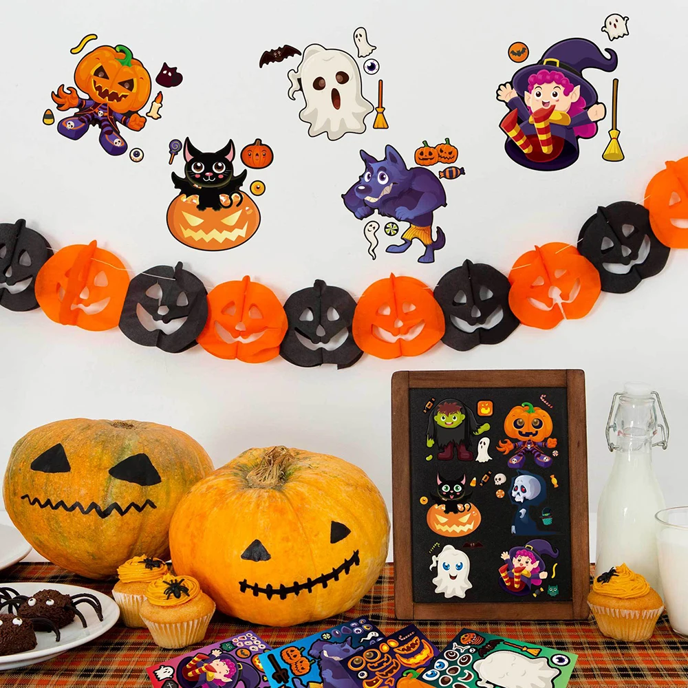 8/16Sheets Make-a-Face Halloween Stickers Puzzle Games Kids Create Your Own Ghost Witch DIY Assemble Jigsaw Children Party Toys