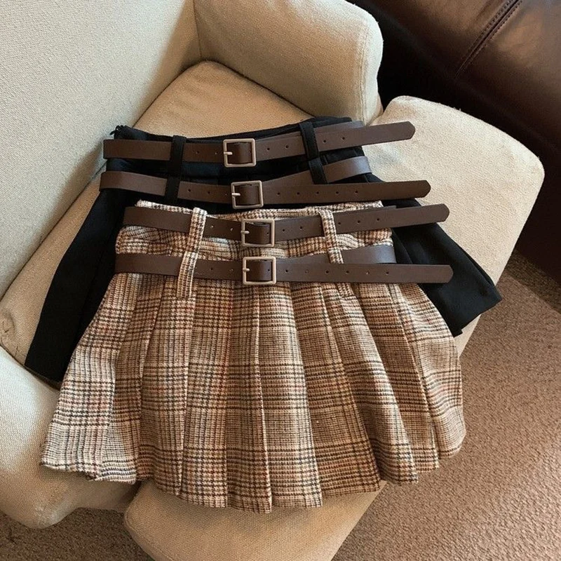 

Spring Autumn Girls Pleated Skirt Baby Kids Skort Children Fashion Bottoms Check Plaid Solid Waist Belt 3-14 kids girls clothes