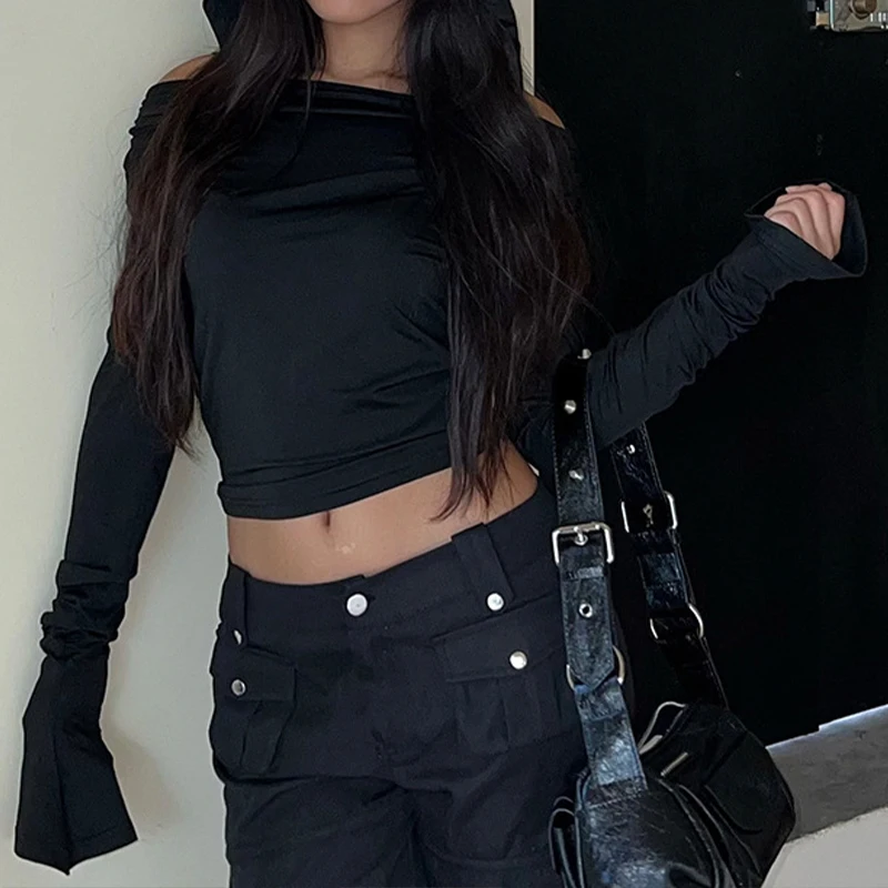 Women Hooded Top Tees New Autumn Sexy Long Sleeves Streetwear Solid Top Simple Basic Slim Fashion Versatile Tees Female Clothing