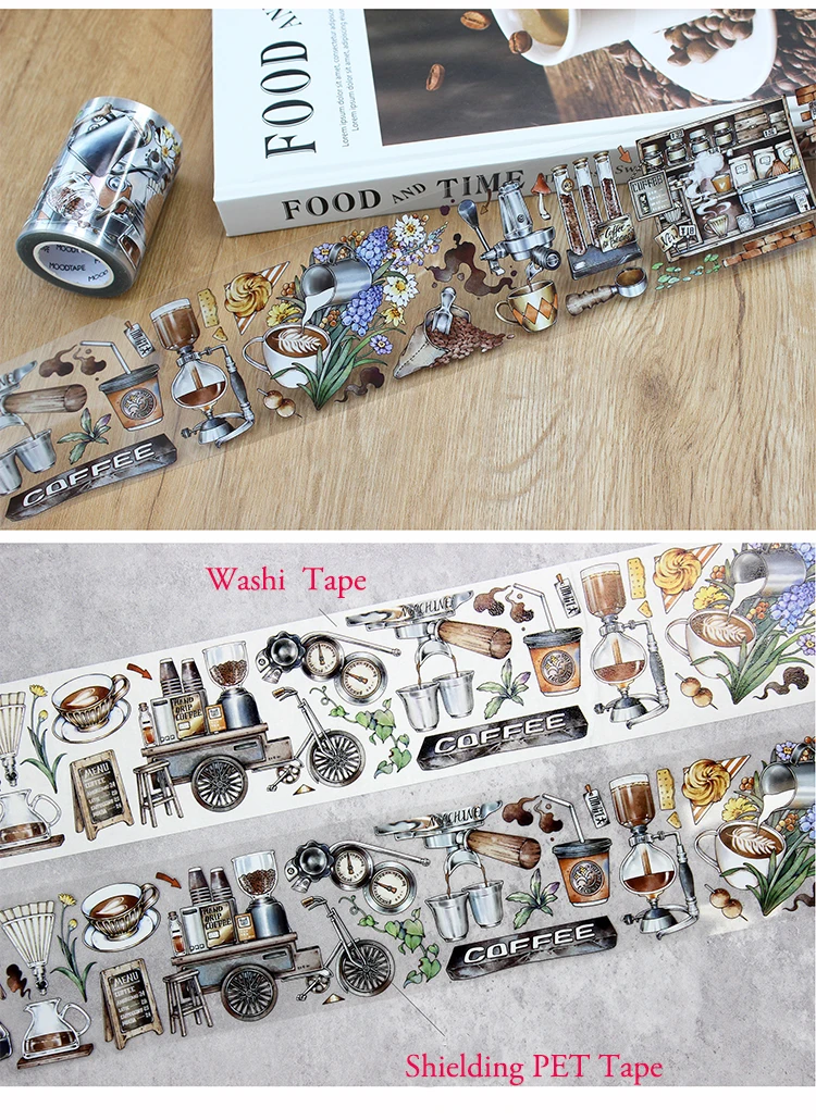 6cm Wide 10M/5M Moodtape Shielding Washi/PET Tape Coffee Bread Style Diary Journal Card Scrapbooking Adhesive Stickers