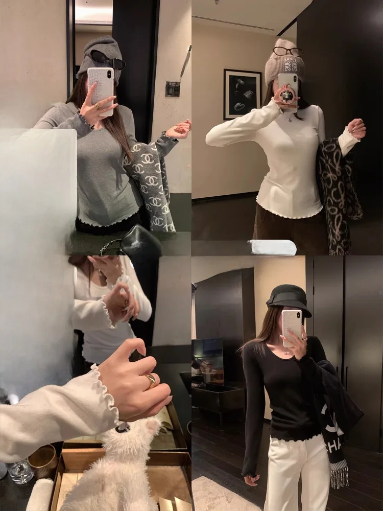 

EKOOL Women's High Collar Fce Lined Long Sve Base irt Winter Slim Fit Sli Inner Wear T-irt Korean Sle Lace