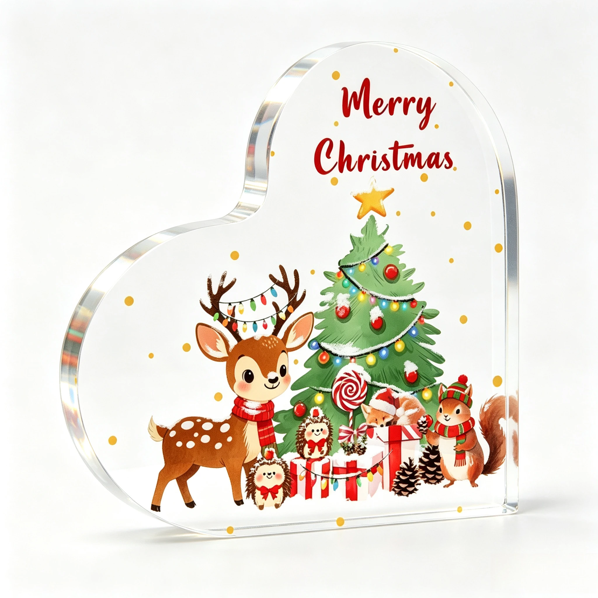 Winter Snowy Woodland Creatures Heart‑Shaped Acrylic Ornament, Merry Christmas Tabletop Home Decor