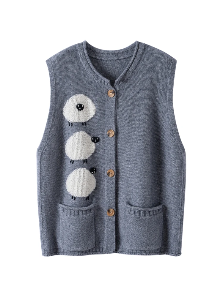 

Autumn Winter Women's Cartoon Embroidered Knitted Waistcoat 100% Cashmere Sweater Sleeveless Vest Cardigan Soft Sweet Style Tops