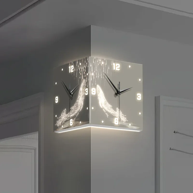Cream wind corner double-sided wall clock household simple corner clock wall hanging creative non-punching led wall lamp clock