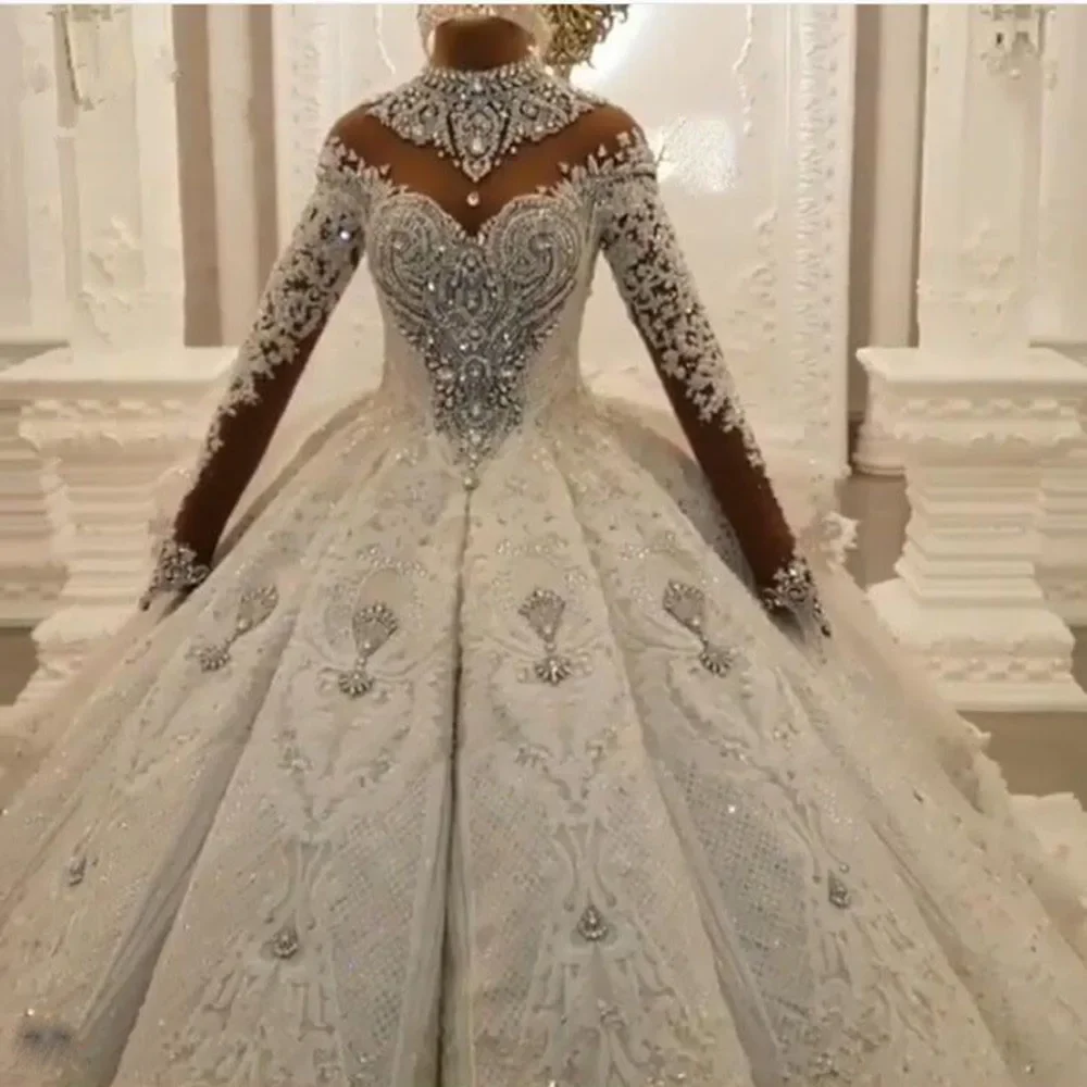 

Customized Gorgeous High Neck Spark Crystals Beads Ballgown Wedding Dress Chapel Train Long Sleeves Luxury Open Back Plus Size