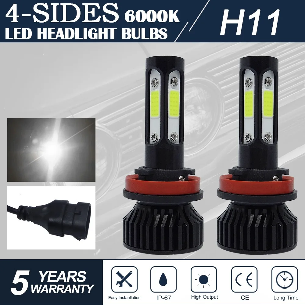 

H7 H11 H8 H9 HB3 HB4 HIR2 LED Headlight Bulbs 12V 24V 36W 6000K 9006 9005 9012 5202 4-Sided Bright Light