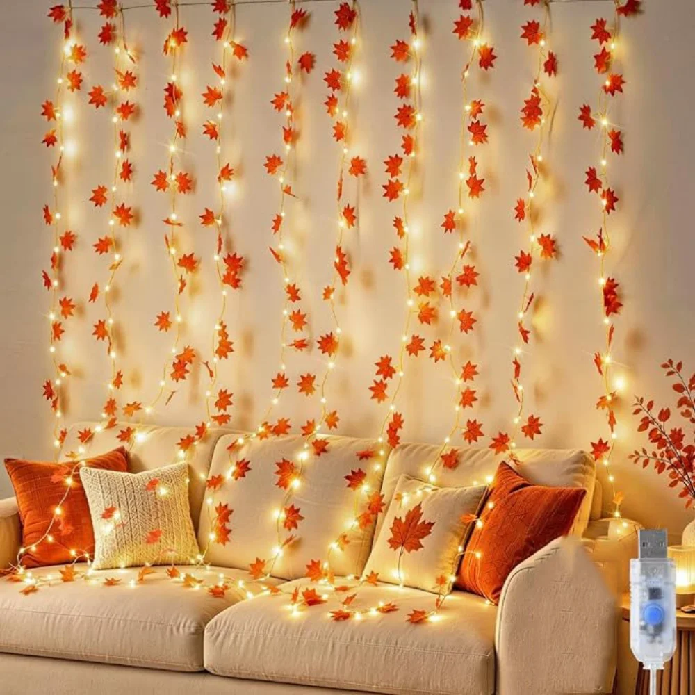 USB Powered Maple Leaf Curtain Lights LED Autumn Vine String Garland for Thanksgiving Bedroom Window Wall Living Room Decor