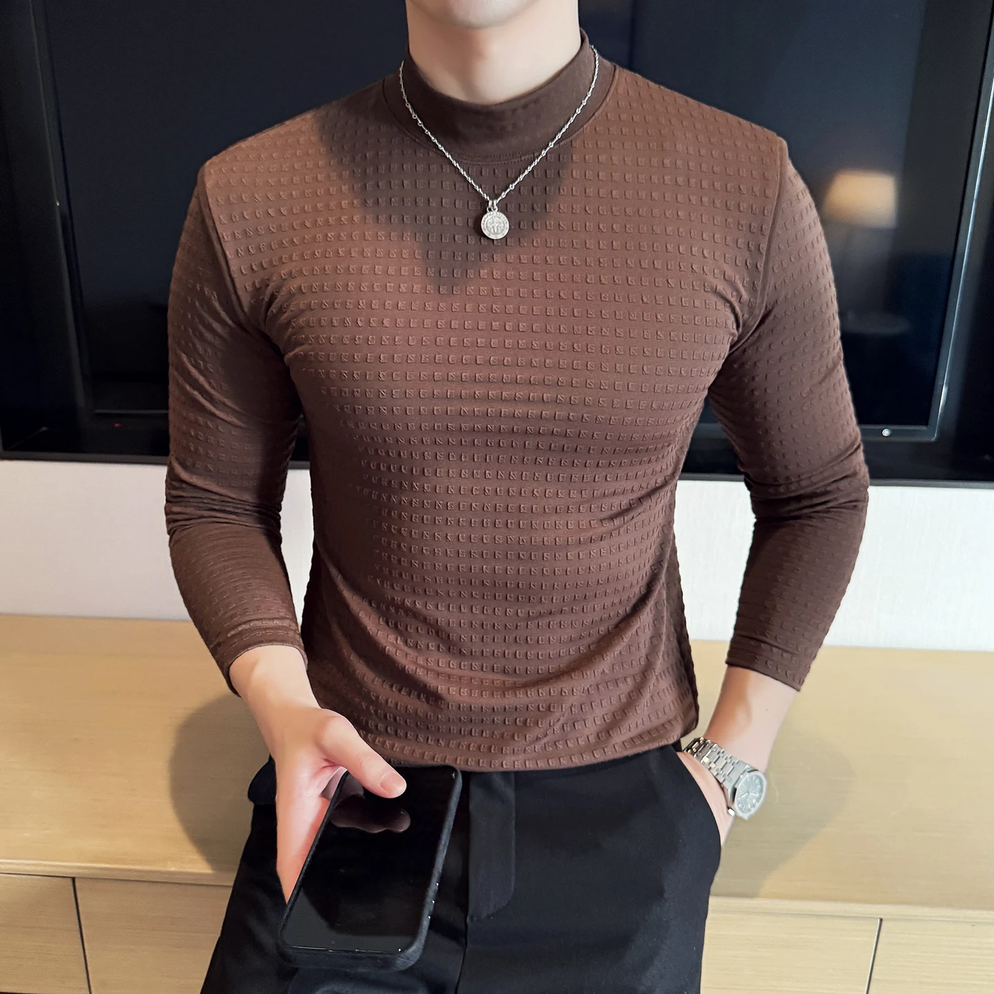 

Autumn Winter Semi High Neck Plaid T-shirt for Men Fashion Versatile Slim Men Long Sleeved Base Shirt Casual Business T-shirts