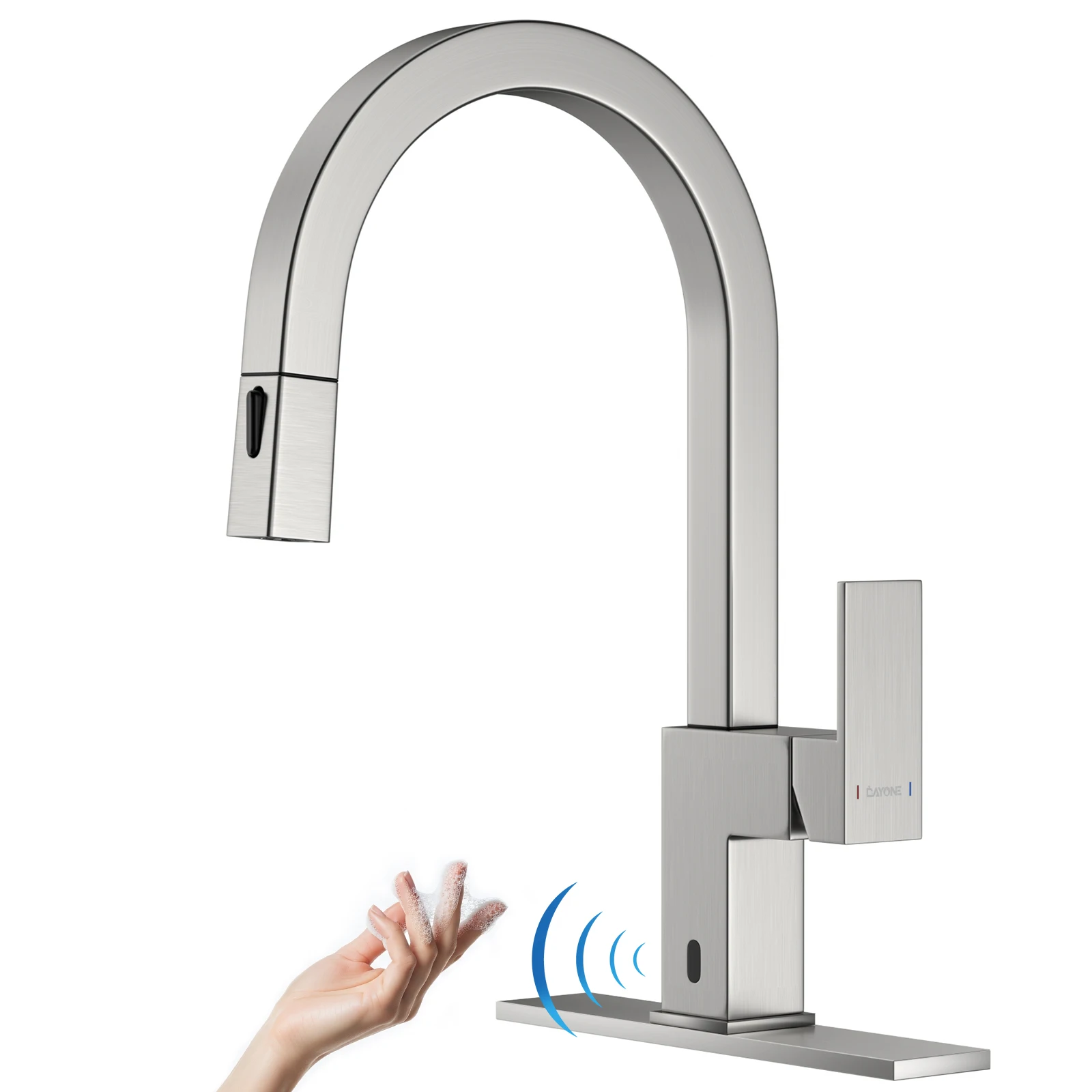 DAYONE Touchless Kitchen Faucet Square, Modern Sensor Hands-Free Kitchen Sink Faucet, Smart Motion Activated Bar Sink Faucet with Pull Down Sprayer Single Handle, Brushed Nickel