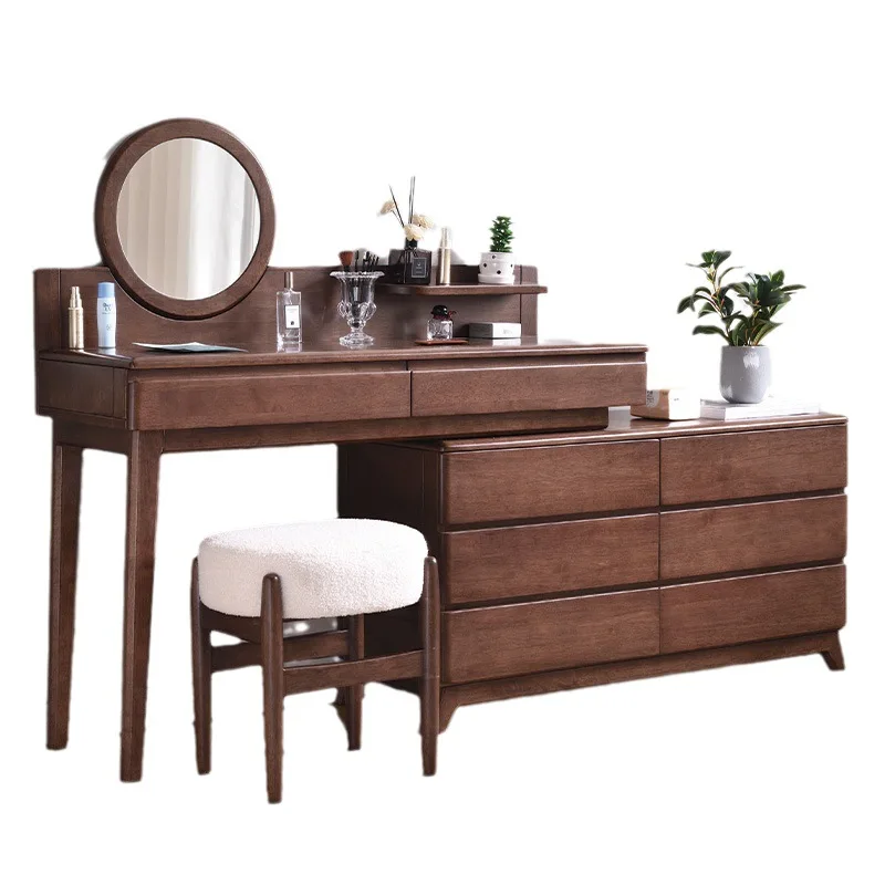 

All solid wood dresser, bedroom small apartment with mirror makeup table, storage cabinet integrated makeup table
