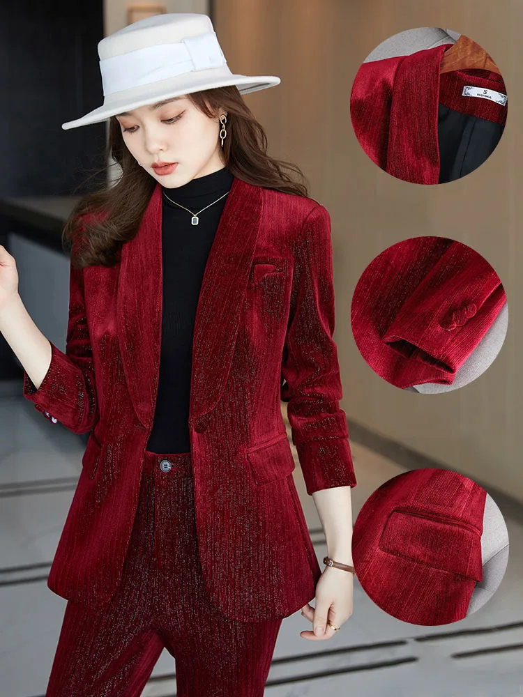 Women\'s suit red Velvet Pantsuits Formal suit 2 piece Office set Blazer ladies Suits Flare pants trouser