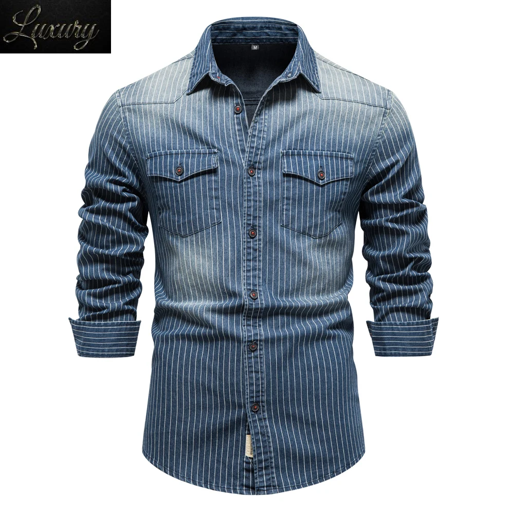 

Cotton Men Denim Shirts Striped Stretch Long Sleeve High Quality Jeans for Casual Slim Cowboy Man