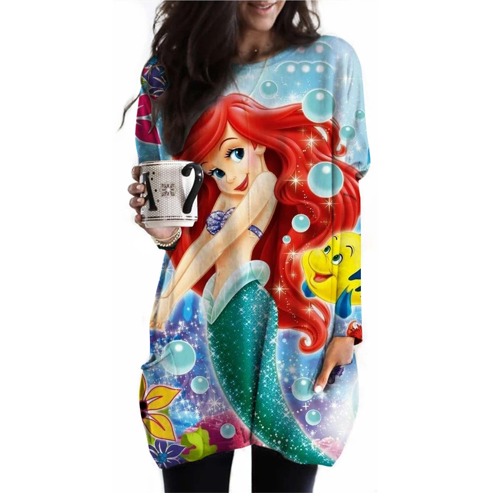 Mermaid Women\'s Long T-shirt Disney Princess 3D Printed T-shirt Long Sleeve Top Casual Pocket T-shirt Designer Clothing