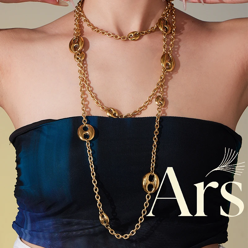 Ars Stainless Steel Pig Nose Necklace for Women 18K Gold Plated Mariner Link Chain Long Sweater Necklaces Statement Jewelry Gift