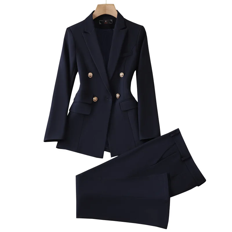 

Women Pant Suit Office Ladies Business Work Wear 2 Piece Set Black White Navy Blue Formal Blazer Jacket and Trouser Female Suit