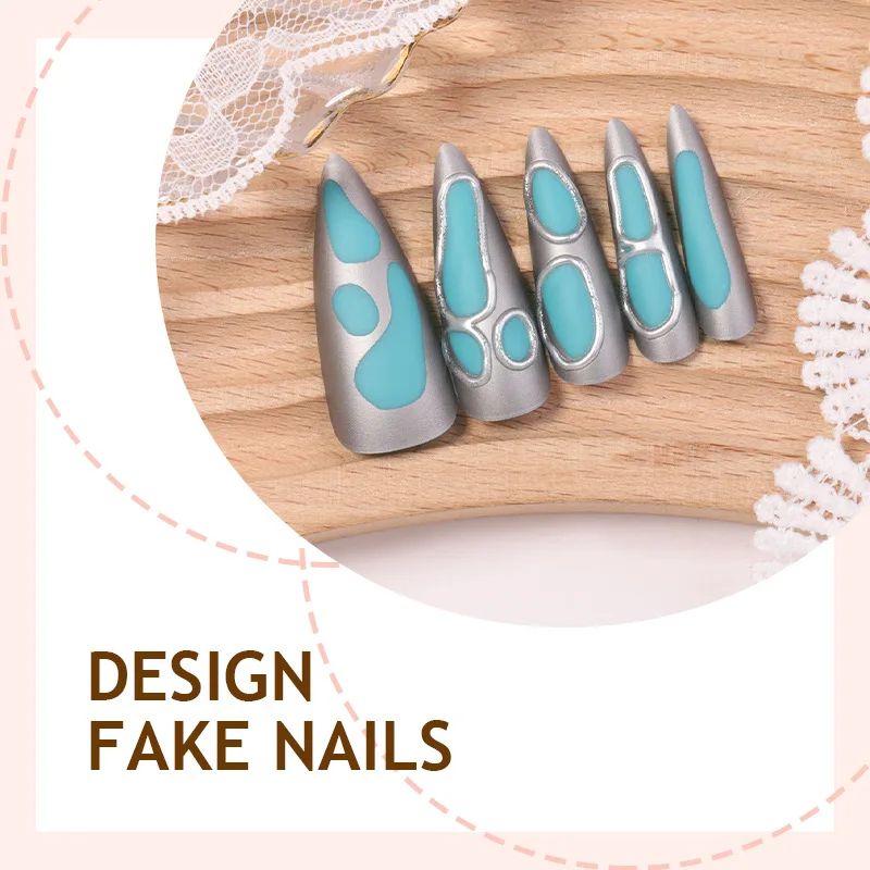 24PCS Metallic Fake Nails Dark Bluel Chrome Edgy Design False Nails with Luxury European Aurora Spicy Cool Style Press on Nails