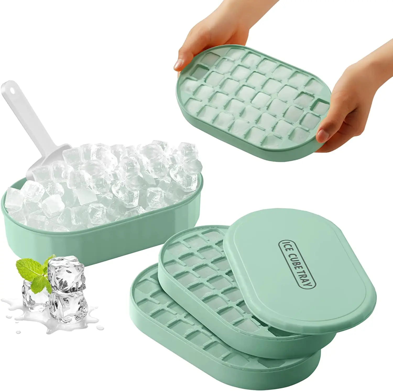 72-Gitter-Eisblock-Form-Box-Set, Eiswürfel-Tablett für Kühlschrank, Eiswürfelform, mit Eiswürfelbehälter, Löffel und Deckel, Bar-Werkzeuge