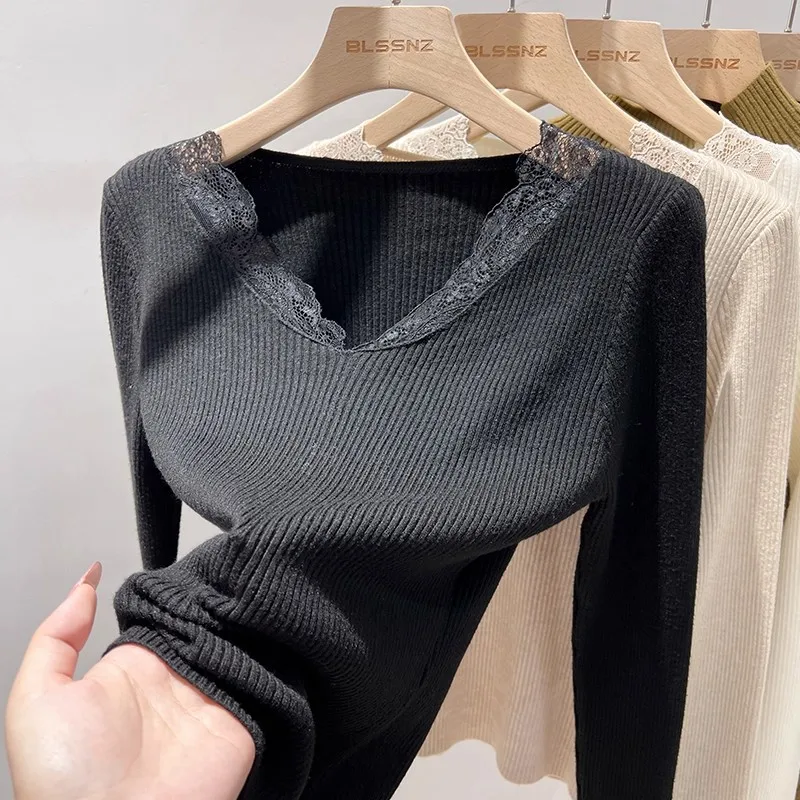 

Korean Fashion Basics Slim Retro Pull Femme Lace Long Sleeve Pullover Women Autumn Winter Sweater V-Neck Slim Knitted Sweater
