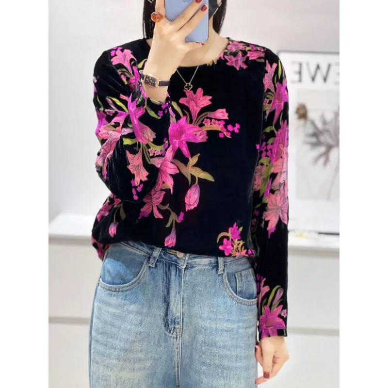 

Spring Autumn New Printed O-Neck Pullovers Spliced Fashion Elegant Slim Versatile Simplicity Commuter Long Sleeve T-shirt Tops