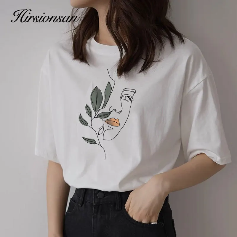 Hirsionsan Abstract Print T Shirt Women Summer New Oversized 100% Cotton Tees Casual Loose Aesthetic Tshirt O Neck Khaki Tops