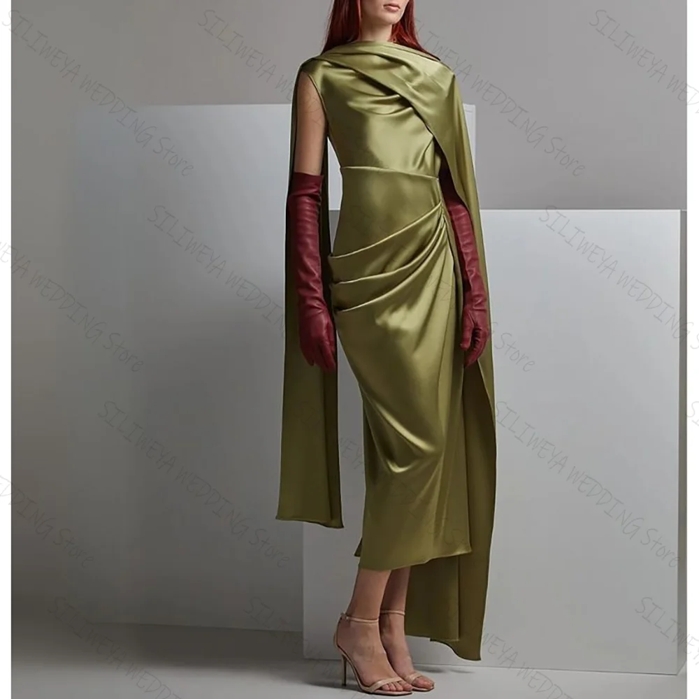 

High-End Green Satin Chic Prom Dresses High Neck Straight Tea-Length Female Party Evening Gown