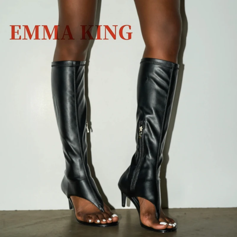 المرأة هريرة كعب ثونغ الأحذية الإناث المفتوحة تو تمتد حذاء برقبة للركبة ربيع الخريف موضة المدرج الجانب سستة الأحذية 35-43