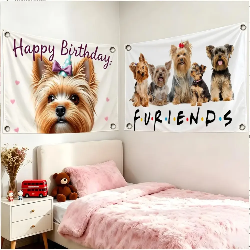 Adorable Spirited Animal Yorkshire Terrier Dog Flags Borderless Four Ring Ornament Indoor Outdoor Decoration Quick Hang Install