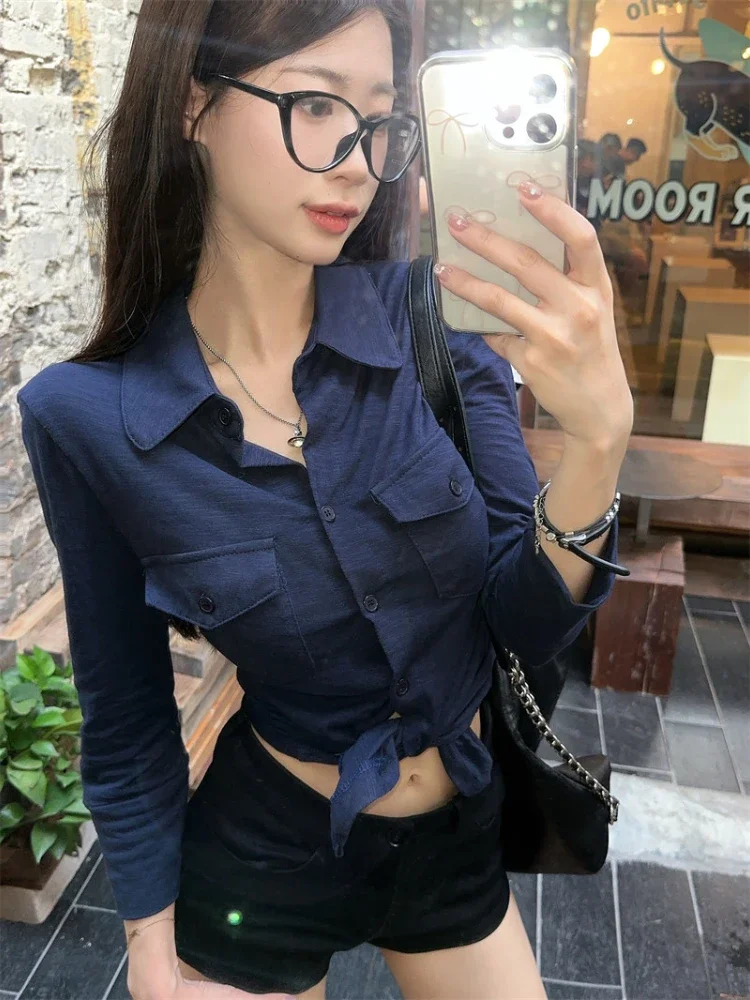 

Vintage Navy Blue Three Quarter Shirt for Women Tops Button Up Slim White Blouse Female Autumn Fashion Black Clothes