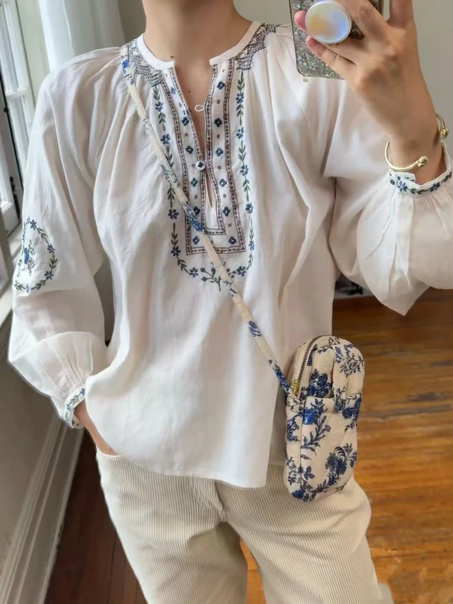 Chemisier brodé de fleurs françaises pour femmes, manches longues bouffantes, chemises Vintage de styliste, hauts élégants à la mode, printemps-automne, 2026