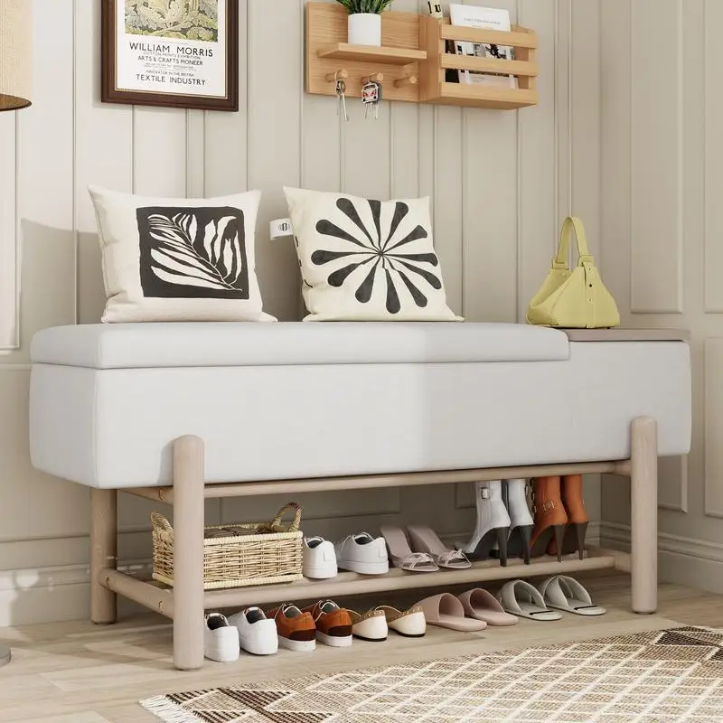 

Modern Upholstered Storage Bench with Hidden Compartment for Entryway, Living Room, and Hallways in Natural Finish
