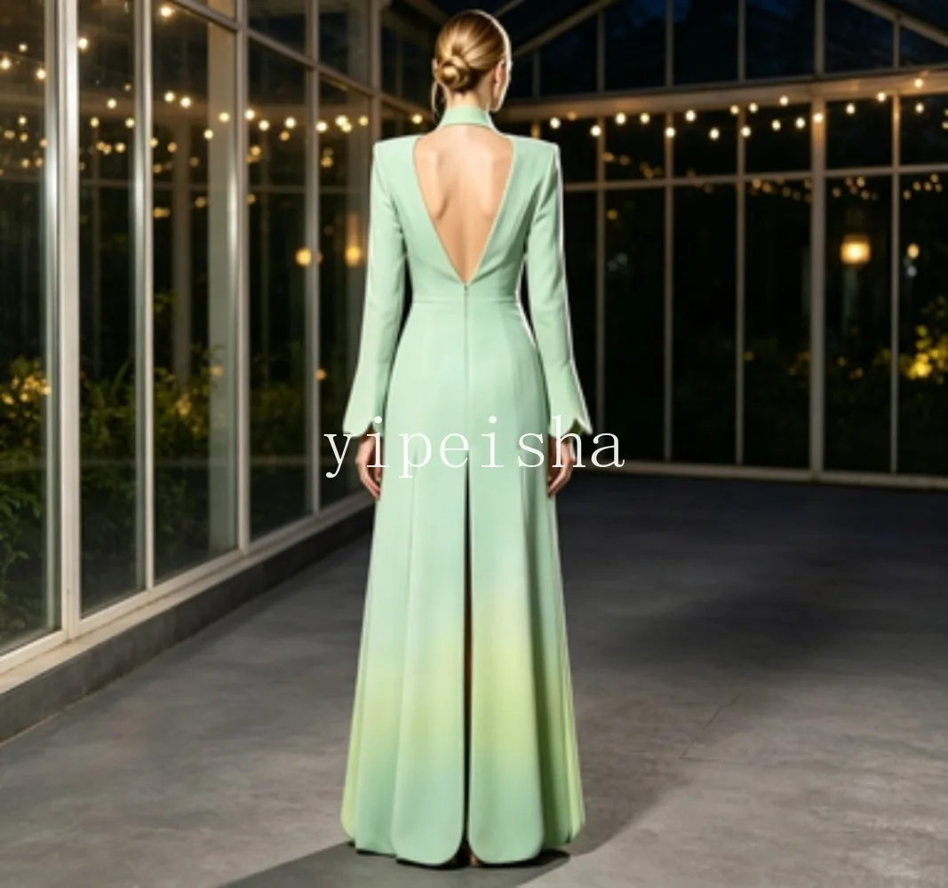 Customized Sage Green Gradient Crepe Evening Dress Stand Collar Deep V‑Neck Long Sleeve Scalloped Hem Front Formal Prom Party