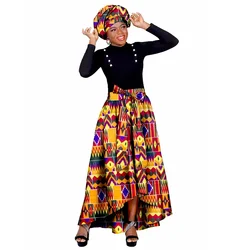 African Ankara Print Skirts for Women Maxi Dashiki Long Skirt Fashion Elegant Elastic Waist with Head Scarf Cotton Wy10072
