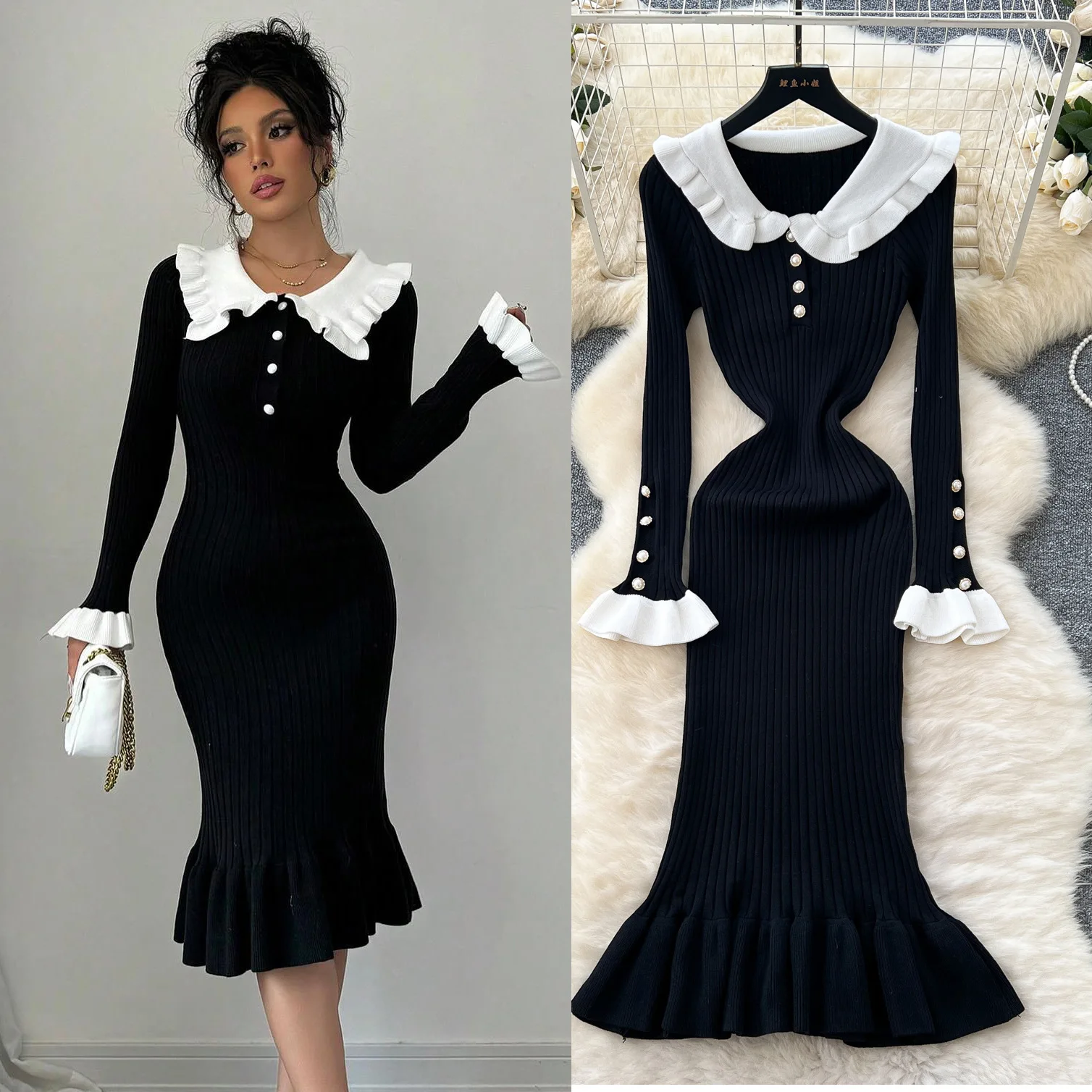 

Long Dress Women Dresses Ruffles Hip Wrap Peter Pan Collar Full Sleeve Vestidos Elegant Splice Y2k High Waist Party Club 2025