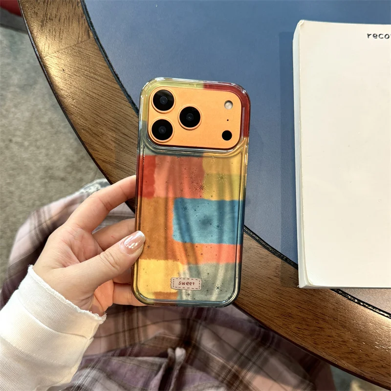 Funda de teléfono con bloques de colores artísticos para iPhone 17 Pro 15 16 14 Pro Max, Funda con cadena de cuentas, Fundas protectoras bonitas a prueba de golpes