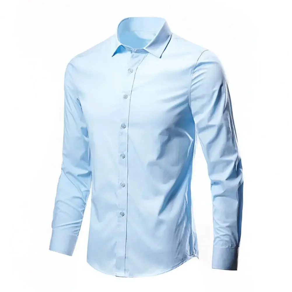 All Season Iron-Free Slim Fit Men Korean Business Casual Long Sleeve Shirt Anti-Wrinkle Solid Color Male Social Formal Shirts