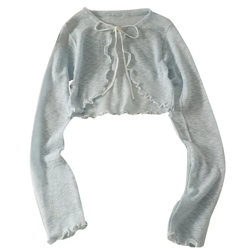 الصيف الشمس حماية سترة الملابس النسائية محبوك المحاصيل القمم ضمادة طويلة الأكمام رقيقة سحب فام الكشكشة سترة الكورية