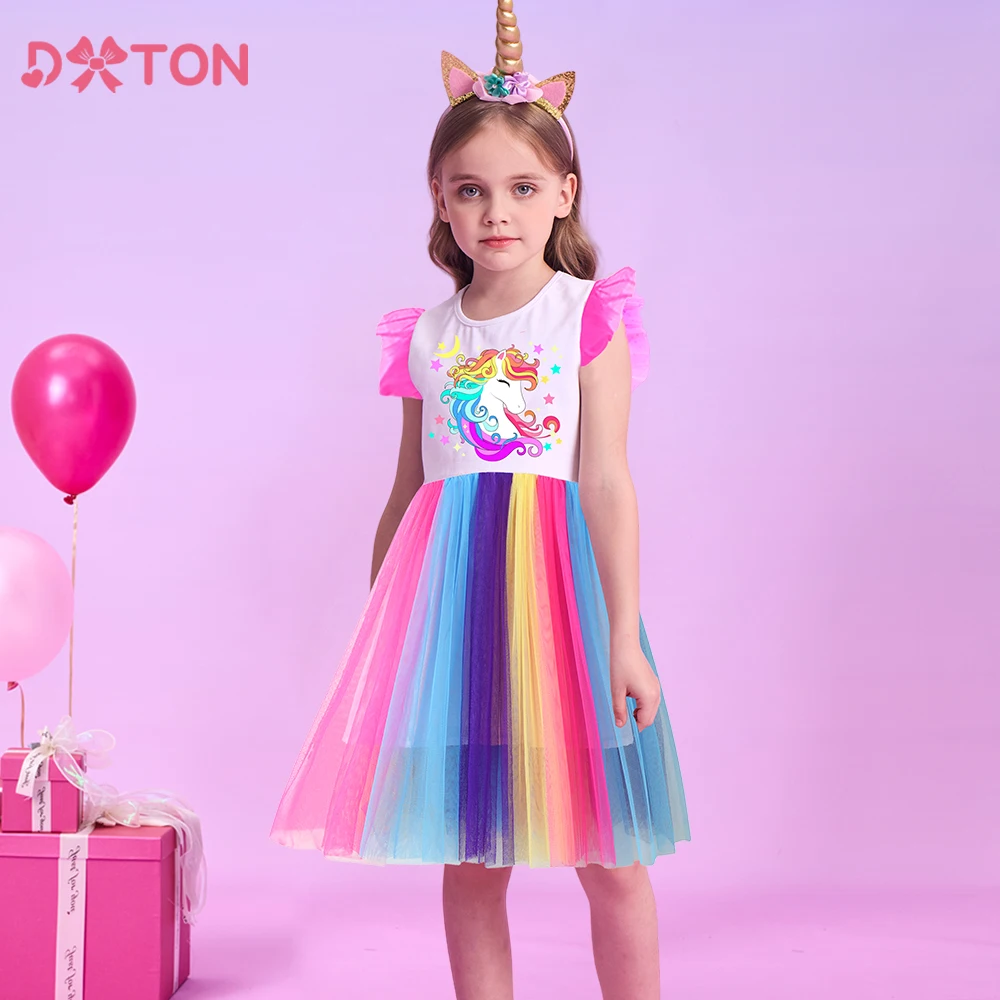 

DXTON Summer Girls Dresses Ruffle Flying Sleeve Kids Princess Dress Colorful Mesh Patchwork Children‘s Party Unicorn Clothing