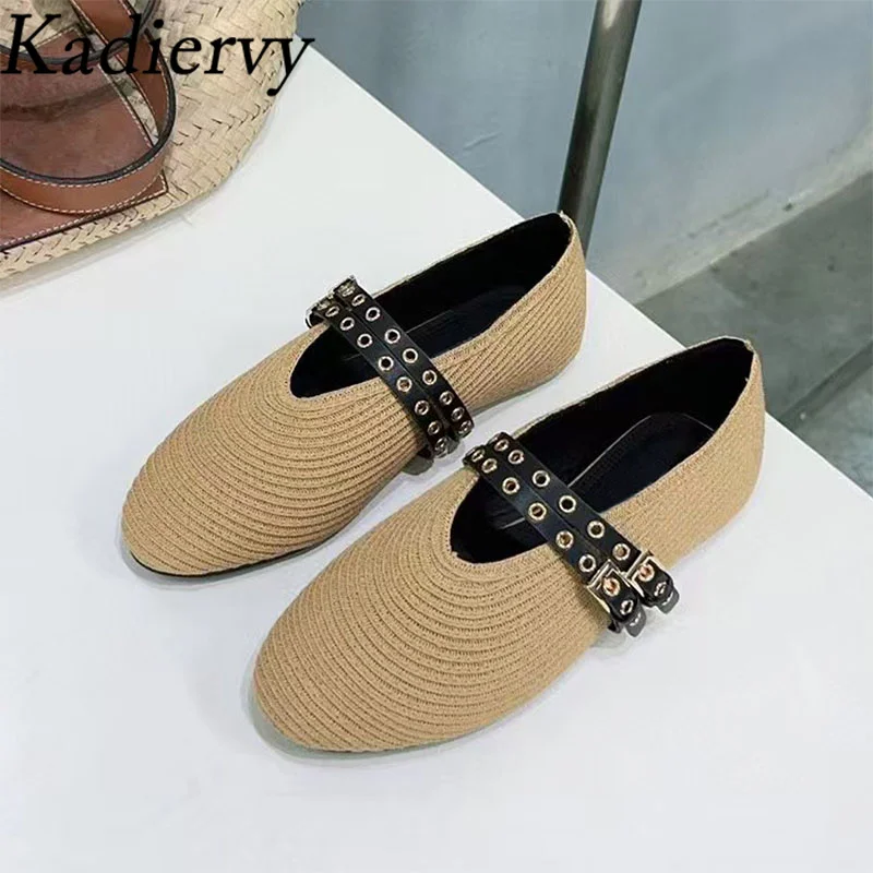 

Hot Sales New Ballet Flat Shoes Women Round Toe Belt Buckle Mary Janes Shoes Cane Braided Runway Shoes Woman