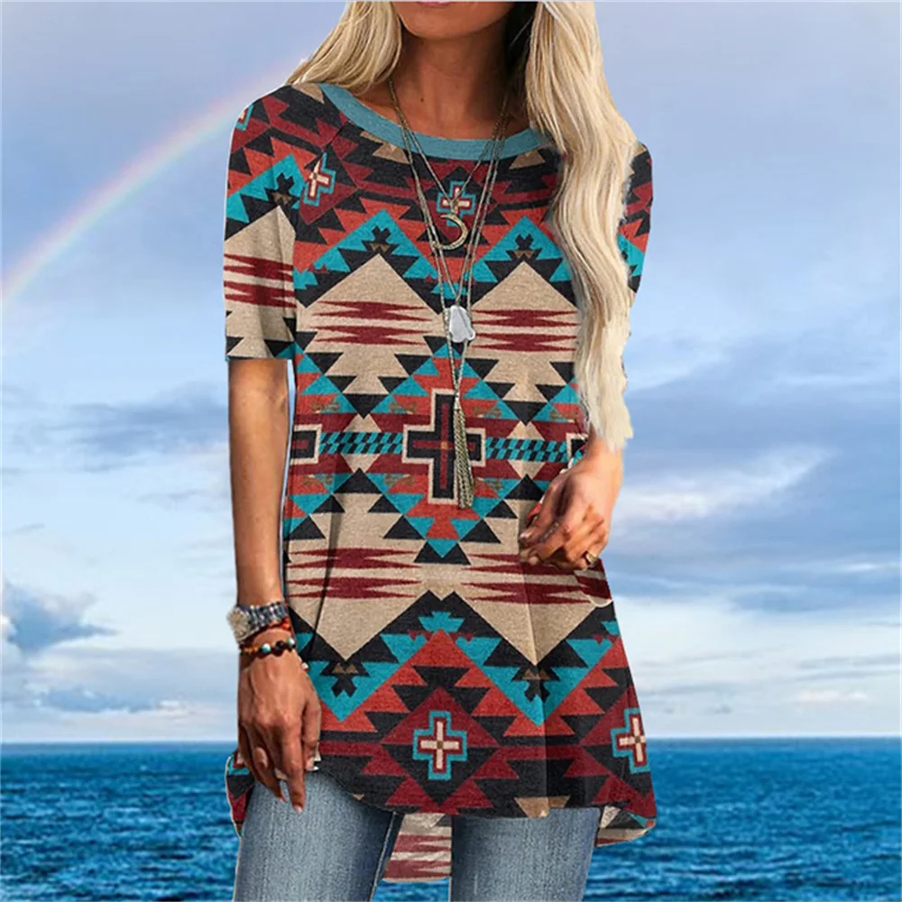 Zachodni aztecki styl etniczny 3D T-shirt z nadrukiem kobiet Streetwear t-shirty z krótkim rękawem Y2K topy kobiety tunika na krótki rękaw szeroka odzież — zdjęcie 6