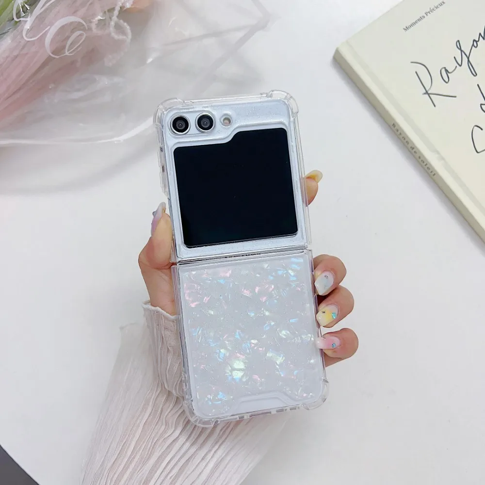 For Samsung Galaxy Z Flip 5 4 3 ZFlip5 Case Bling Glitter Seashell Pattern Transparent Folding Shockproof Protection Hard Cover