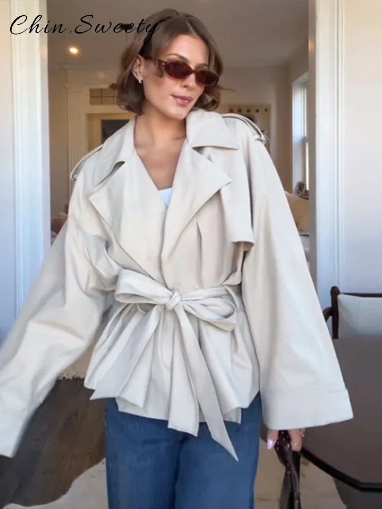 Trench-Coat froncé à lacets pour femme, couleur unie, ample, revers, manches longues, vestes, printemps-automne, manteaux de trajet, nouvelle collection 2025