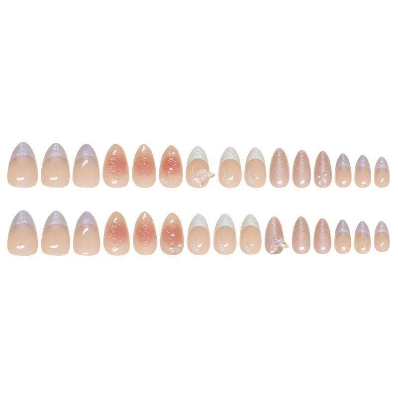 Uñas postizas de mariposa para manicura, uñas postizas con diseño de flores 3D, color rosa claro, color blanco, desmontable, estilo francés, 24 piezas