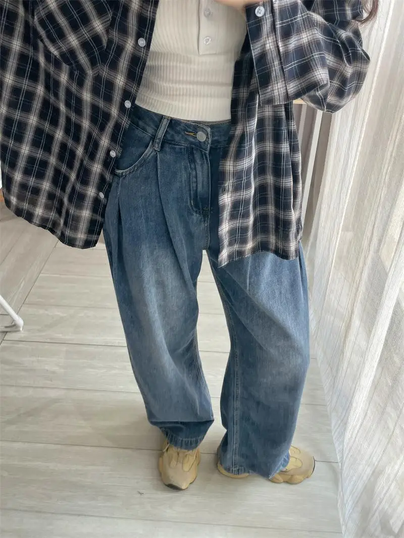 

Slimming High Waist Wide Leg Denim Jeans Women's Folded Design Spring Summer Vintage Loose Fit Ladies Jeans Deep And Light Co...