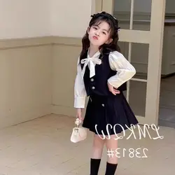 2-11Y Spring Fall Children Girl 3PCS Clothes Set Cotton White Ruched Bow Shirts Black Vest Pleated Skirts JK Suit Girl Outfit