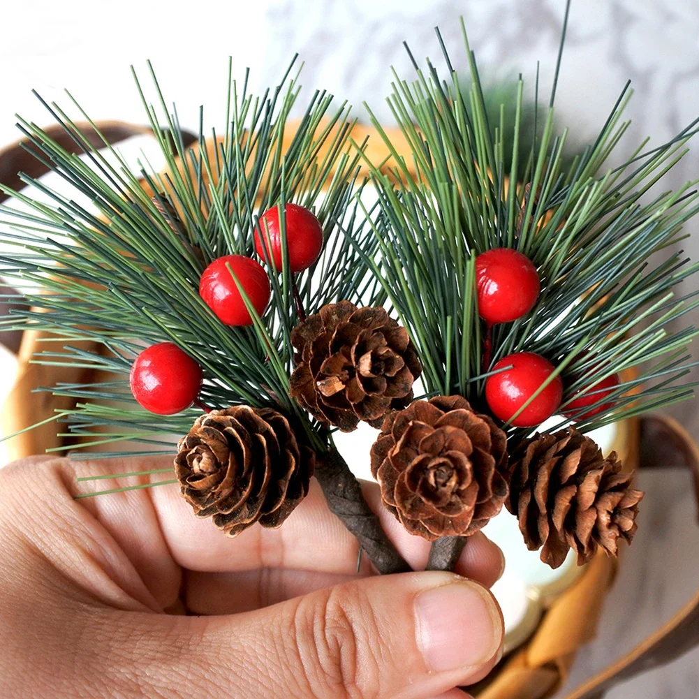 3010/20pc  Artificial Pine Picks Christmas  Artificial Pine Tree Pine Branch With Berries Pinecones For Christmas Tree Decration