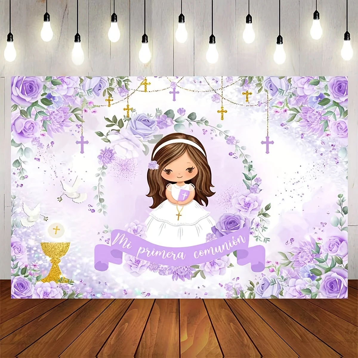 خلفية بركة الله: معمودية التواصل للفتيات Miprimera، زهور أرجوانية، خلفية لافتة نعمة الله